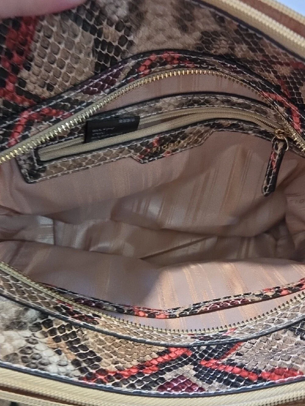 Fiorelli Mia Snake-Print Structured Tote Handbag in Beige and Red